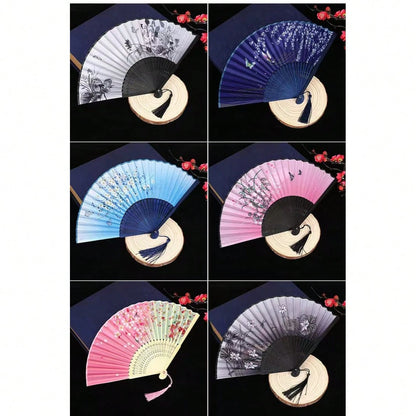 1pc Vintage Bamboo Folding Fan, Cherry Blossom Pattern, Black To Purple Gradient, Tassel Decoration, Traditional Hanfu Dance Fan Accessory, Women's Portable Fan, Decorative Gift, Suitable For Graduati