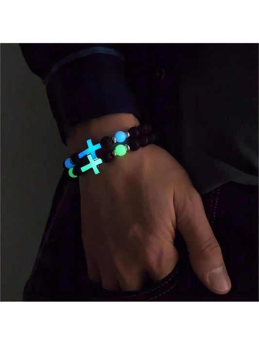 1pc Volcanic Stone Glow-In-The-Dark Vintage Cross Bead Bracelet, Multi-Color