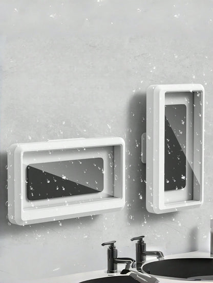 1PC Wall Mounted Anti Fog Touch Screen Rotatable Waterproof Phone Case For Bathroom Shower White Bathroom Accessory Smartphone Dry Box Water Resistant Cellphone Protector Home Essential Travel Must Ha