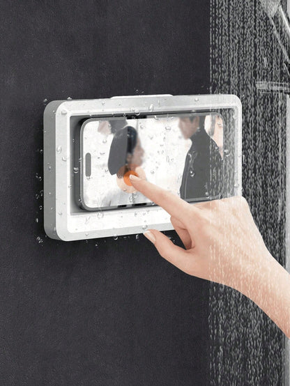 1PC Wall Mounted Anti Fog Touch Screen Rotatable Waterproof Phone Case For Bathroom Shower White Bathroom Accessory Smartphone Dry Box Water Resistant Cellphone Protector Home Essential Travel Must Ha