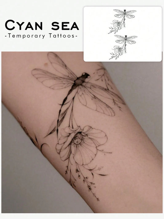 1pc Washable Temporary Tattoo Sticker, PVC Dragonfly & Floral Pattern, Waterproof & Sweat Proof, Suitable For Daily Use By Followers