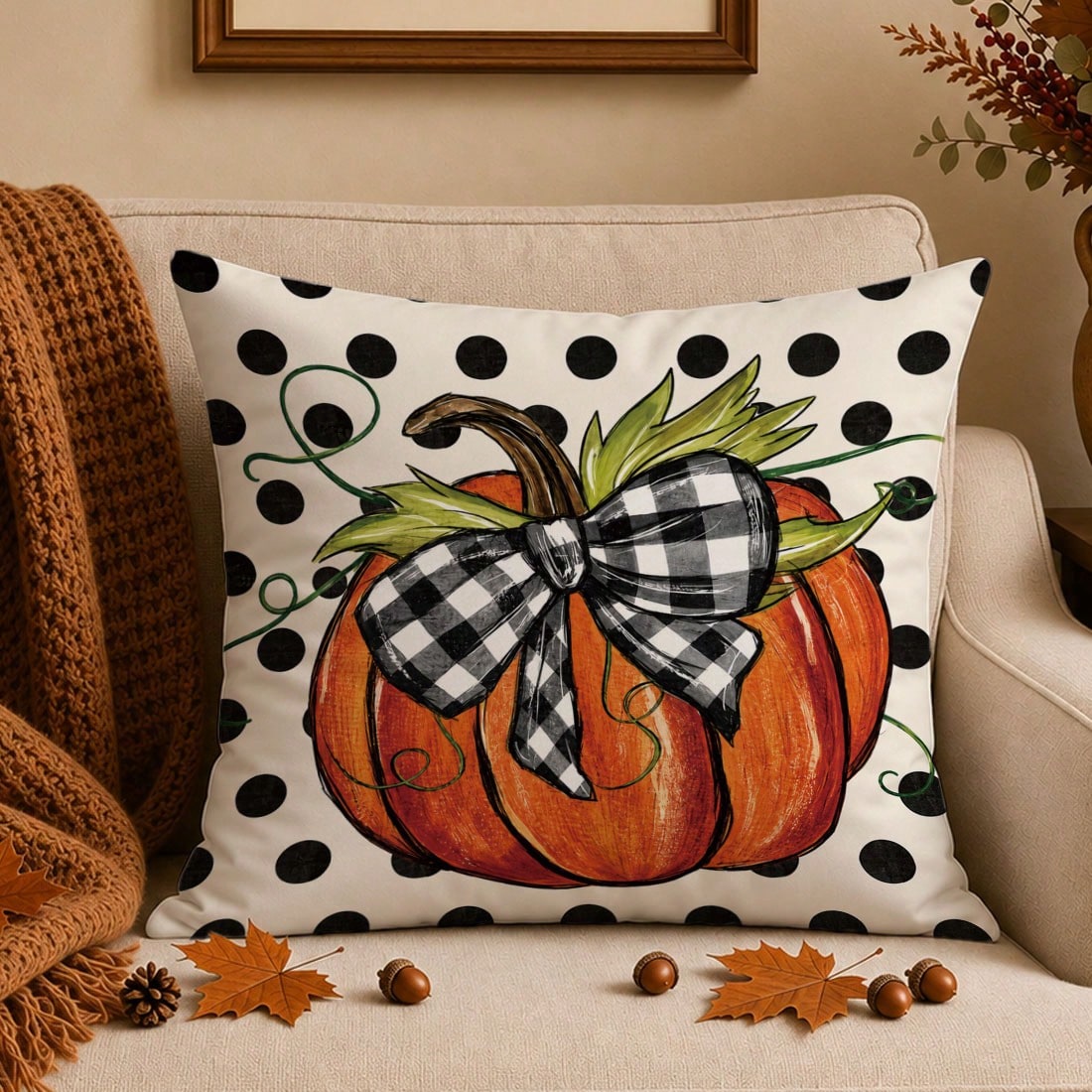 1pc Watercolor Orange Pumpkin Plaid Bow Polka Dot Autumn Harvest Print Pillow Case [Pillow Insert Not Included], 40*40cm/45*45cm/50*50cm, [Single-Sided Print] Made Of Polyester Material Caramel Orange
