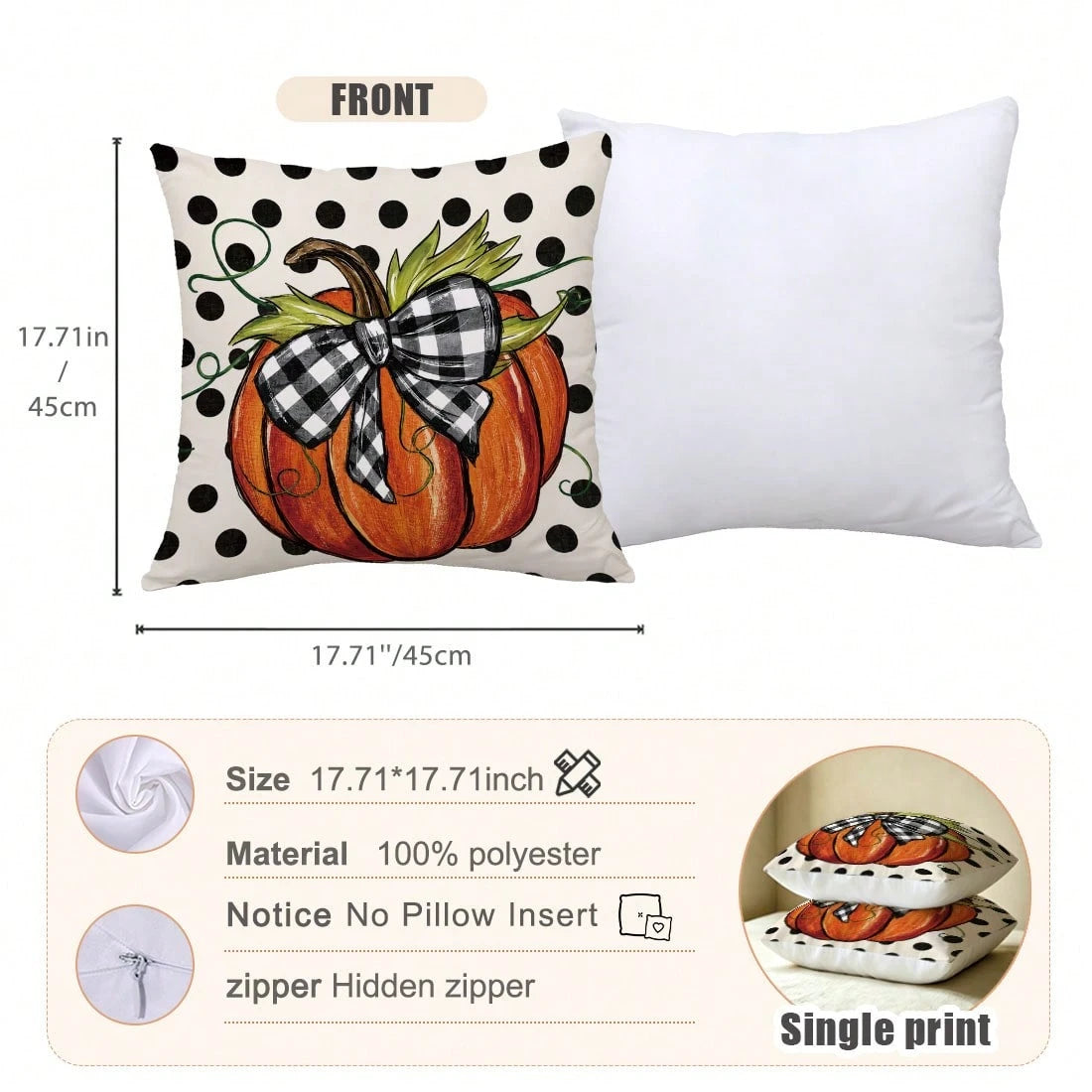 1pc Watercolor Orange Pumpkin Plaid Bow Polka Dot Autumn Harvest Print Pillow Case [Pillow Insert Not Included], 40*40cm/45*45cm/50*50cm, [Single-Sided Print] Made Of Polyester Material Caramel Orange