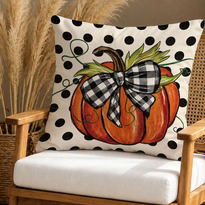 1pc Watercolor Orange Pumpkin Plaid Bow Polka Dot Autumn Harvest Print Pillow Case [Pillow Insert Not Included], 40*40cm/45*45cm/50*50cm, [Single-Sided Print] Made Of Polyester Material Caramel Orange