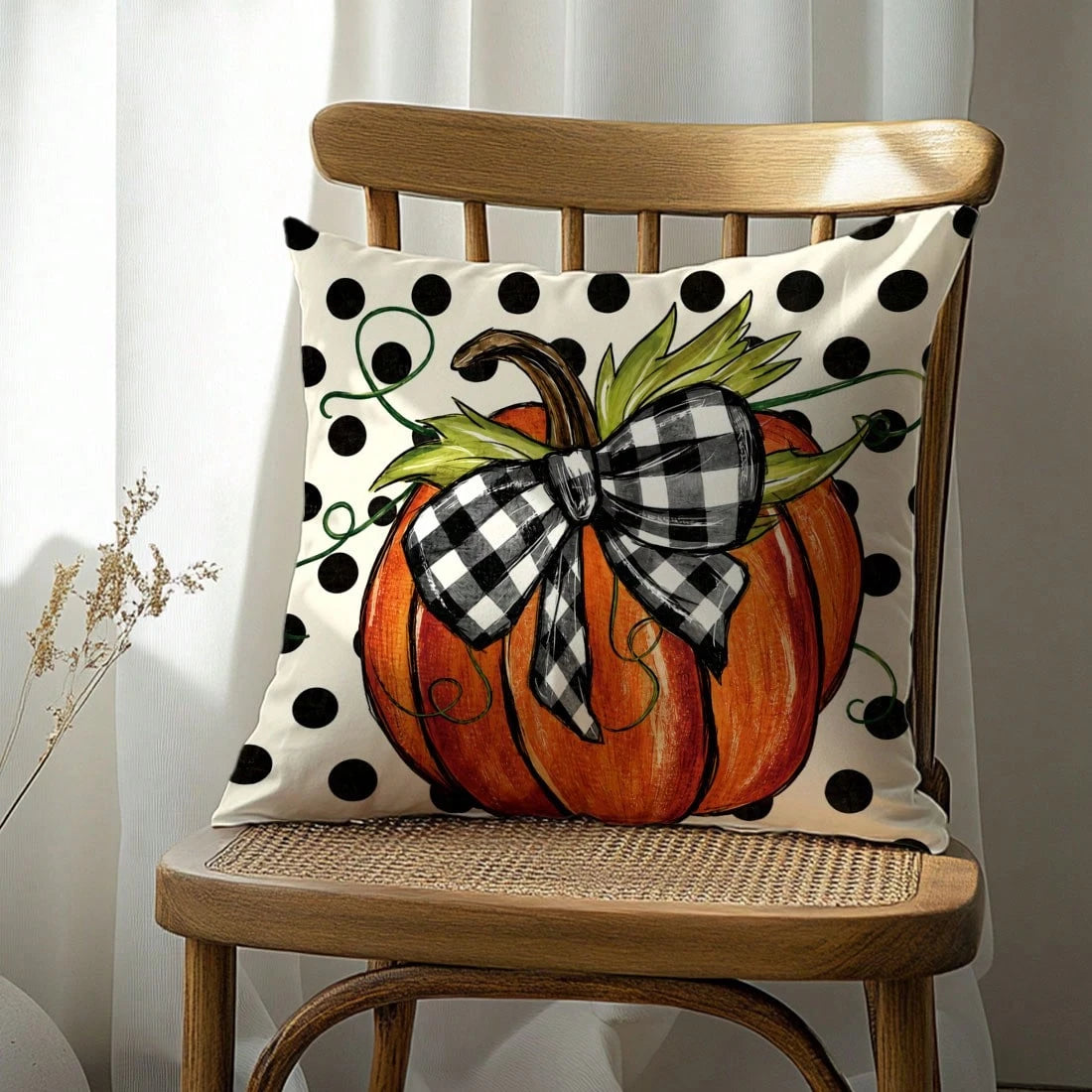1pc Watercolor Orange Pumpkin Plaid Bow Polka Dot Autumn Harvest Print Pillow Case [Pillow Insert Not Included], 40*40cm/45*45cm/50*50cm, [Single-Sided Print] Made Of Polyester Material Caramel Orange