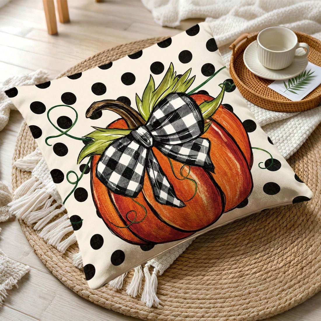 1pc Watercolor Orange Pumpkin Plaid Bow Polka Dot Autumn Harvest Print Pillow Case [Pillow Insert Not Included], 40*40cm/45*45cm/50*50cm, [Single-Sided Print] Made Of Polyester Material Caramel Orange