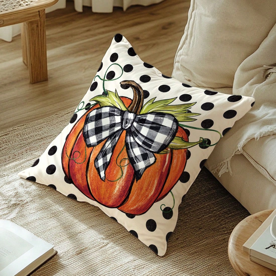 1pc Watercolor Orange Pumpkin Plaid Bow Polka Dot Autumn Harvest Print Pillow Case [Pillow Insert Not Included], 40*40cm/45*45cm/50*50cm, [Single-Sided Print] Made Of Polyester Material Caramel Orange