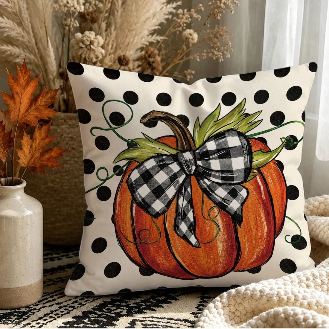 1pc Watercolor Orange Pumpkin Plaid Bow Polka Dot Autumn Harvest Print Pillow Case [Pillow Insert Not Included], 40*40cm/45*45cm/50*50cm, [Single-Sided Print] Made Of Polyester Material Caramel Orange