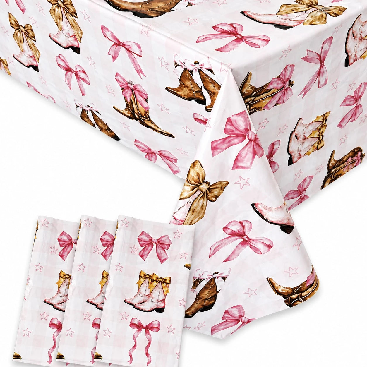 1pc Western Cowboy Boots Tablecloth, Pink Bow & Star Print Party Table Cover, Suitable For Birthday Party, Baby Shower, Wedding Gift Party, Farm Style Party Cowboy/Rodeo Theme Decoration