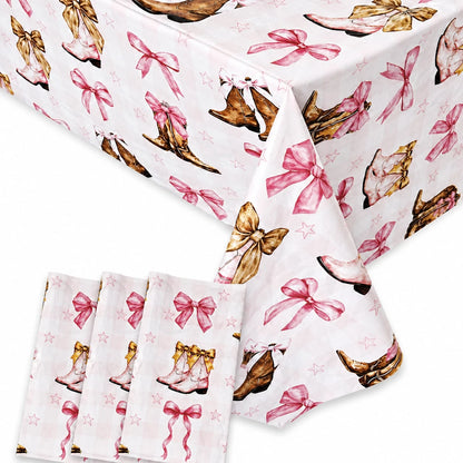1pc Western Cowboy Boots Tablecloth, Pink Bow & Star Print Party Table Cover, Suitable For Birthday Party, Baby Shower, Wedding Gift Party, Farm Style Party Cowboy/Rodeo Theme Decoration