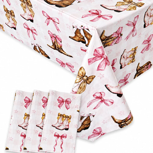 1pc Western Cowboy Boots Tablecloth, Pink Bow & Star Print Party Table Cover, Suitable For Birthday Party, Baby Shower, Wedding Gift Party, Farm Style Party Cowboy/Rodeo Theme Decoration