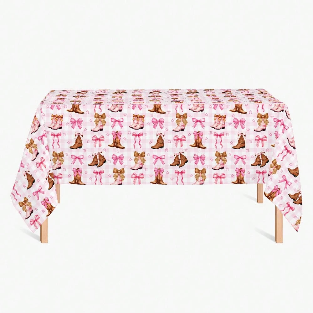 1pc Western Cowboy Boots Tablecloth, Pink Bow & Star Print Party Table Cover, Suitable For Birthday Party, Baby Shower, Wedding Gift Party, Farm Style Party Cowboy/Rodeo Theme Decoration