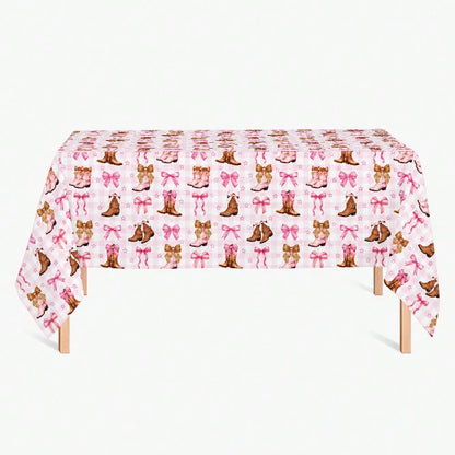 1pc Western Cowboy Boots Tablecloth, Pink Bow & Star Print Party Table Cover, Suitable For Birthday Party, Baby Shower, Wedding Gift Party, Farm Style Party Cowboy/Rodeo Theme Decoration