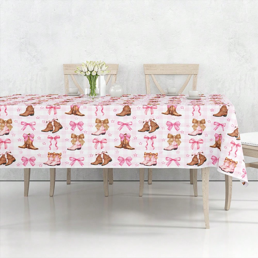 1pc Western Cowboy Boots Tablecloth, Pink Bow & Star Print Party Table Cover, Suitable For Birthday Party, Baby Shower, Wedding Gift Party, Farm Style Party Cowboy/Rodeo Theme Decoration