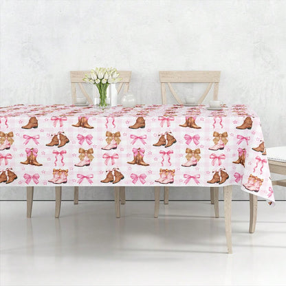 1pc Western Cowboy Boots Tablecloth, Pink Bow & Star Print Party Table Cover, Suitable For Birthday Party, Baby Shower, Wedding Gift Party, Farm Style Party Cowboy/Rodeo Theme Decoration