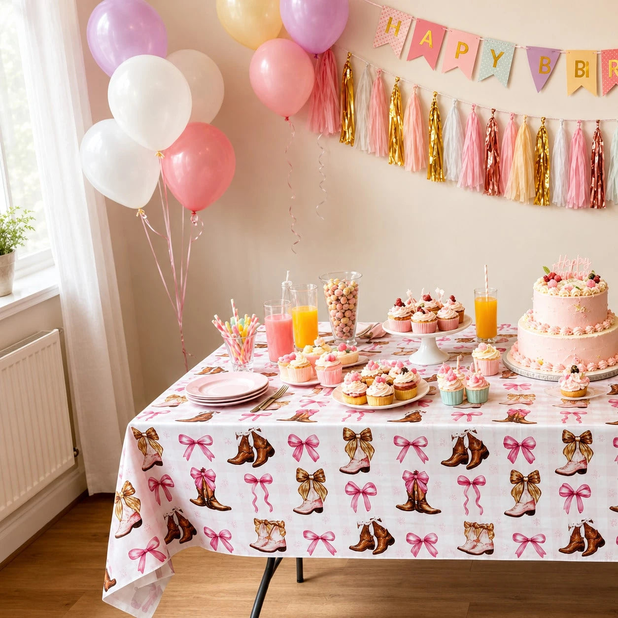 1pc Western Cowboy Boots Tablecloth, Pink Bow & Star Print Party Table Cover, Suitable For Birthday Party, Baby Shower, Wedding Gift Party, Farm Style Party Cowboy/Rodeo Theme Decoration