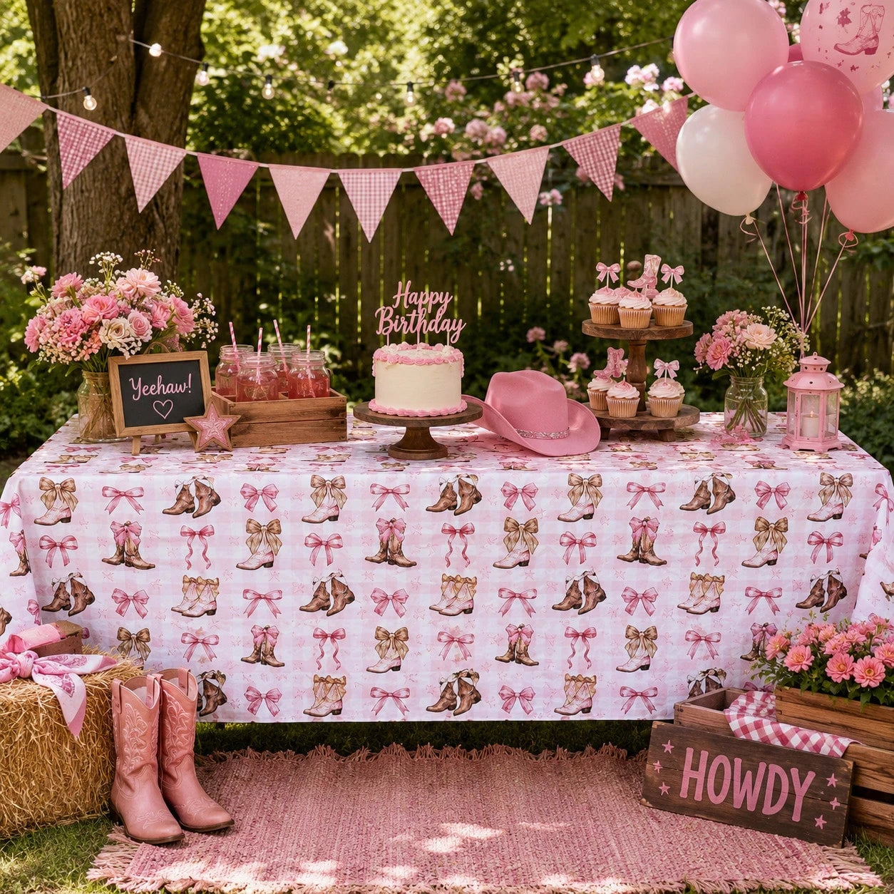 1pc Western Cowboy Boots Tablecloth, Pink Bow & Star Print Party Table Cover, Suitable For Birthday Party, Baby Shower, Wedding Gift Party, Farm Style Party Cowboy/Rodeo Theme Decoration