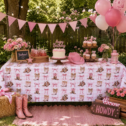 1pc Western Cowboy Boots Tablecloth, Pink Bow & Star Print Party Table Cover, Suitable For Birthday Party, Baby Shower, Wedding Gift Party, Farm Style Party Cowboy/Rodeo Theme Decoration