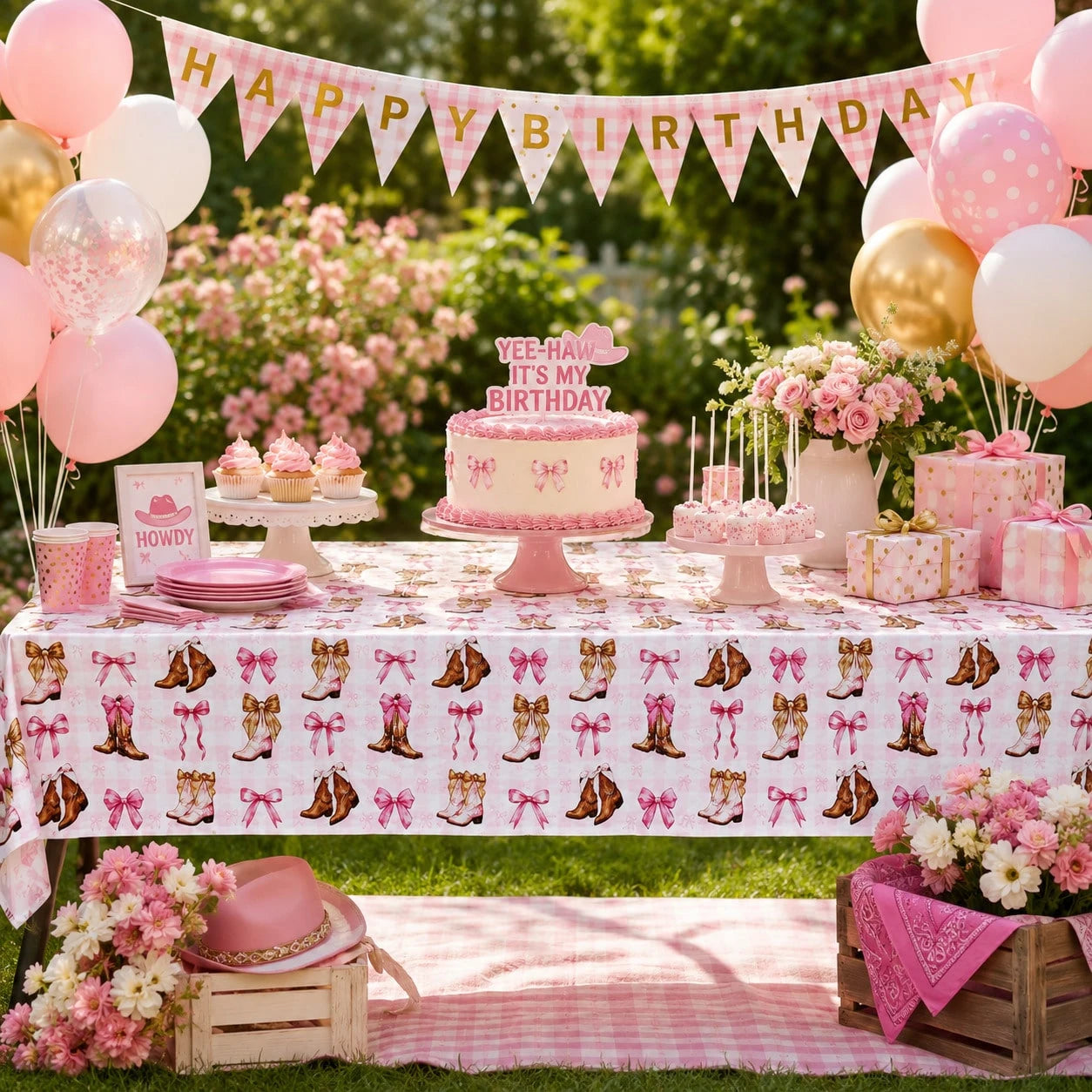 1pc Western Cowboy Boots Tablecloth, Pink Bow & Star Print Party Table Cover, Suitable For Birthday Party, Baby Shower, Wedding Gift Party, Farm Style Party Cowboy/Rodeo Theme Decoration
