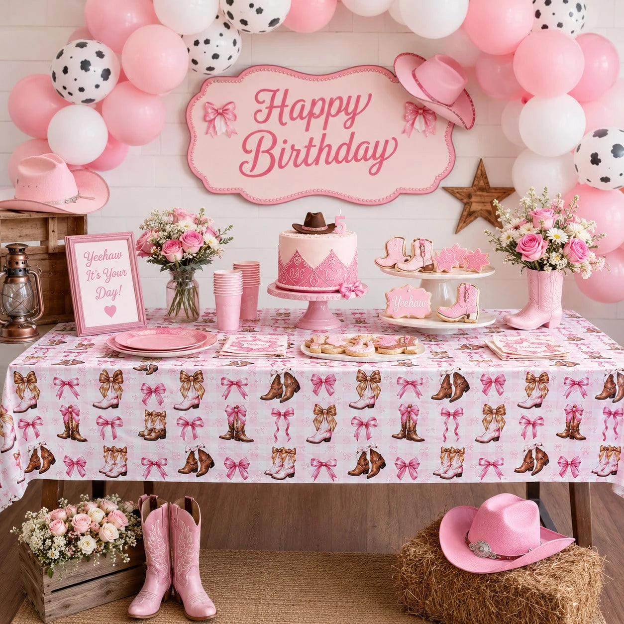 1pc Western Cowboy Boots Tablecloth, Pink Bow & Star Print Party Table Cover, Suitable For Birthday Party, Baby Shower, Wedding Gift Party, Farm Style Party Cowboy/Rodeo Theme Decoration