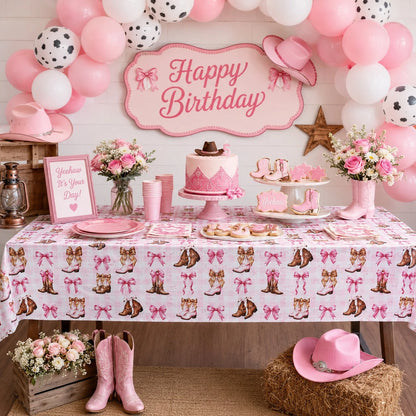 1pc Western Cowboy Boots Tablecloth, Pink Bow & Star Print Party Table Cover, Suitable For Birthday Party, Baby Shower, Wedding Gift Party, Farm Style Party Cowboy/Rodeo Theme Decoration