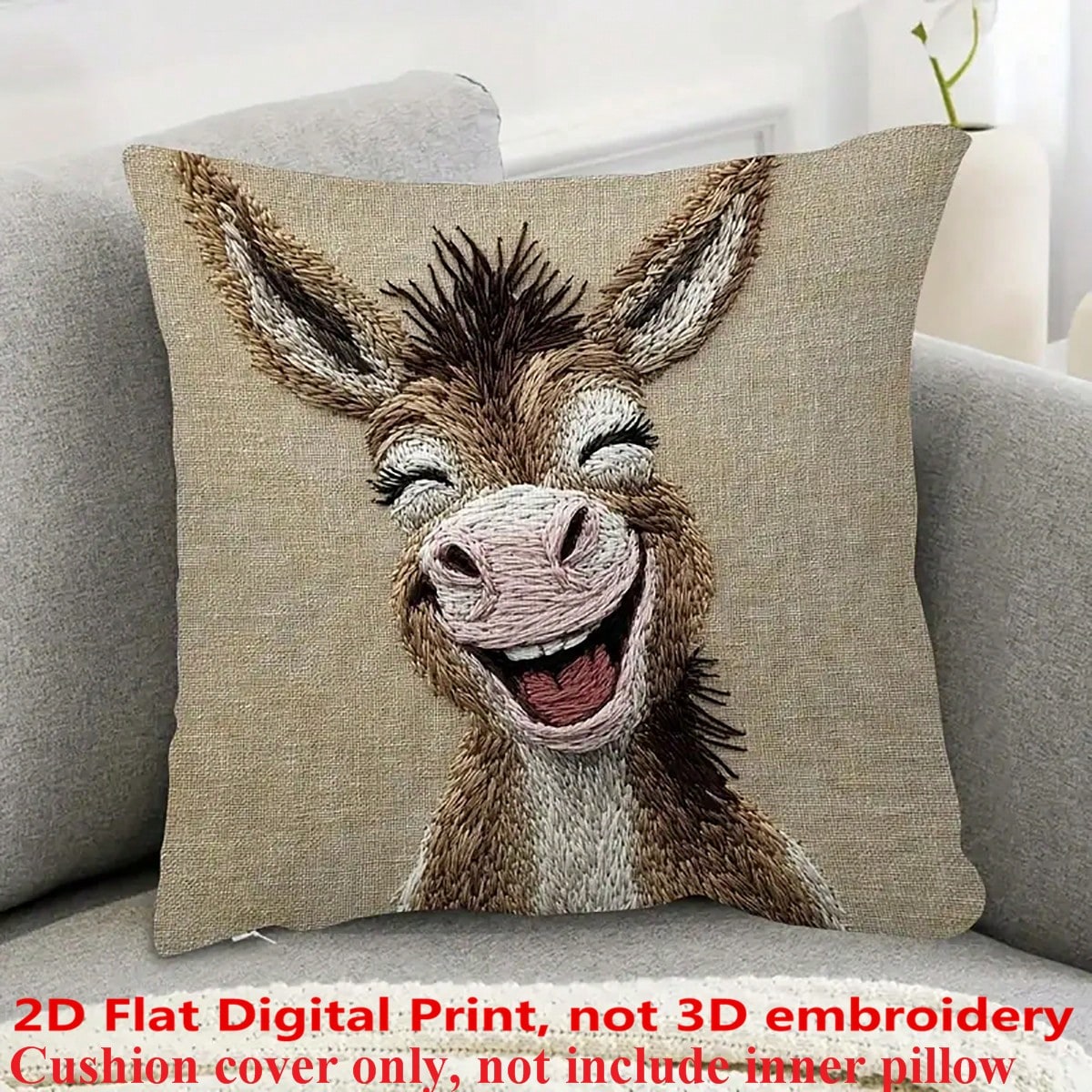 1pc Whimsical Watercolor Donkey Smile Print, Non-Embroidered, Peach Velvet Polyester Throw Pillow Cover, 45x45cm, Farmhouse Style, Zippered, Machine Washable, For Sofa And Bed Decor, No Insert