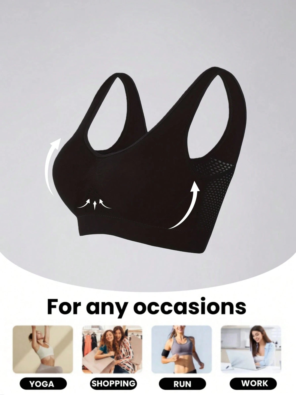 1pc Women Plus Size Seamless Hollow Design Yoga Sports Bra, Comfortable Breathable Fitted Supportive Activewear Top Black Spring