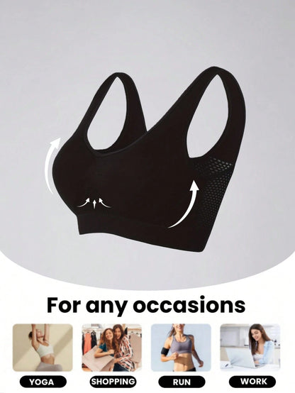 1pc Women Plus Size Seamless Hollow Design Yoga Sports Bra, Comfortable Breathable Fitted Supportive Activewear Top Black Spring