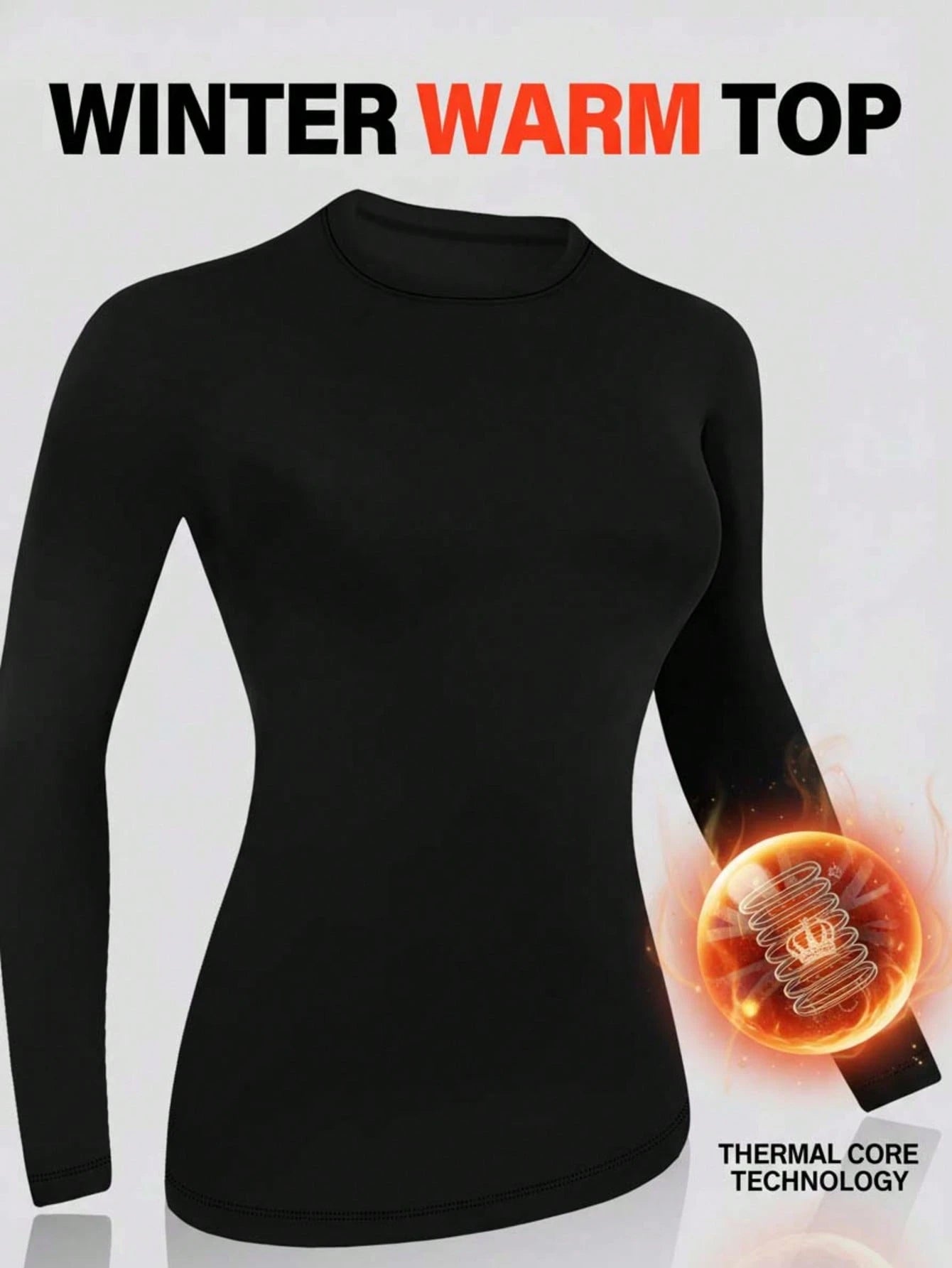 1pc Women's Autumn/Winter Thermal Lined Brushed Round Neck Black Long Sleeve Slim Fit Warm Top