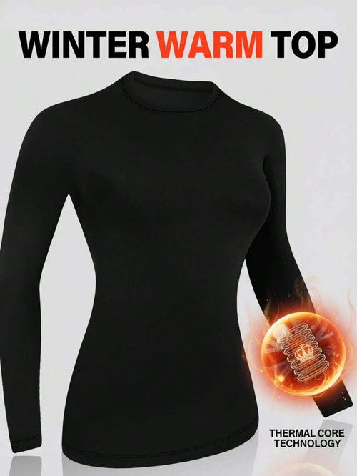1pc Women's Autumn/Winter Thermal Lined Brushed Round Neck Black Long Sleeve Slim Fit Warm Top