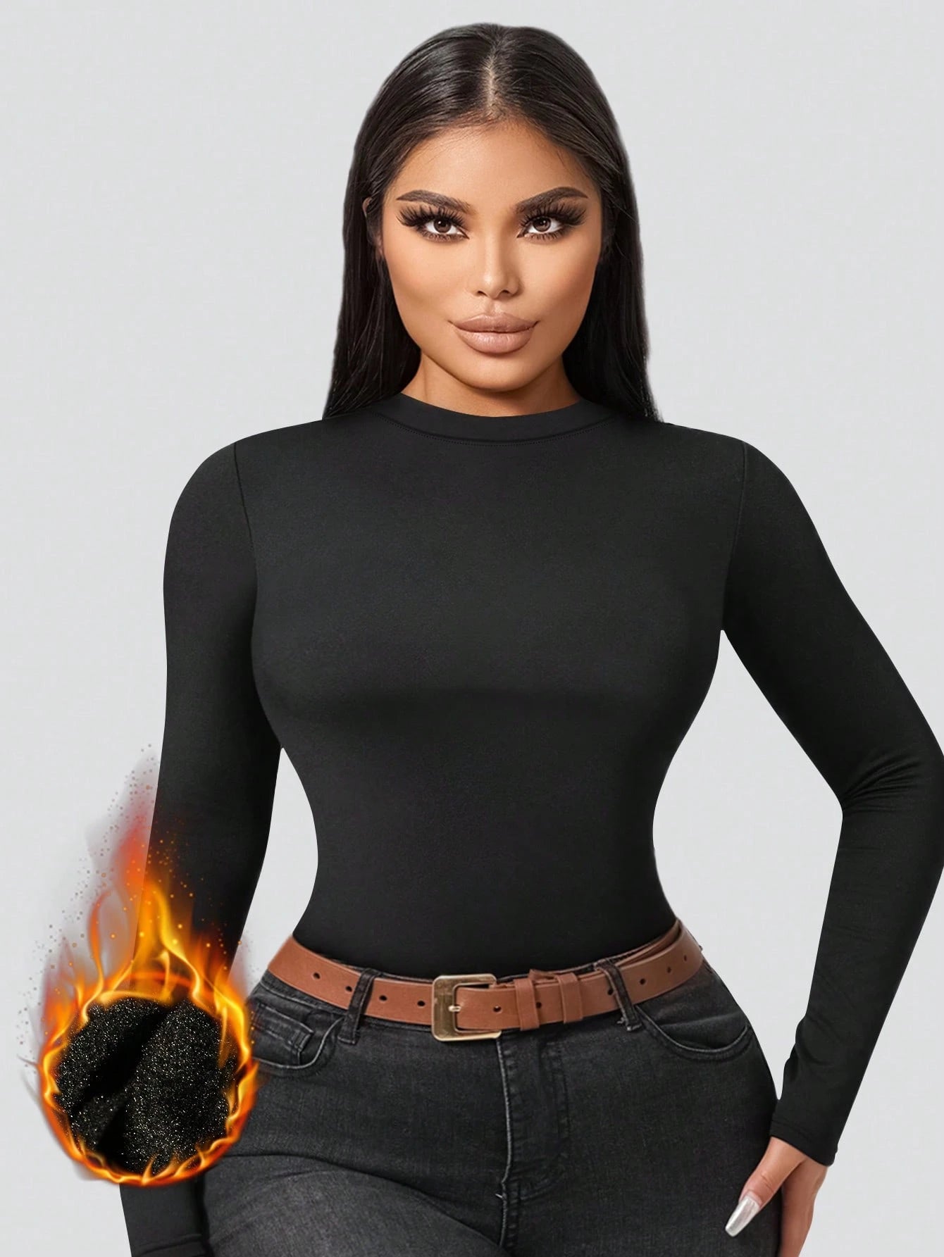 1pc Women's Autumn/Winter Thermal Lined Brushed Round Neck Black Long Sleeve Slim Fit Warm Top