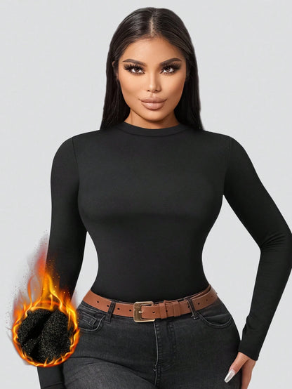 1pc Women's Autumn/Winter Thermal Lined Brushed Round Neck Black Long Sleeve Slim Fit Warm Top