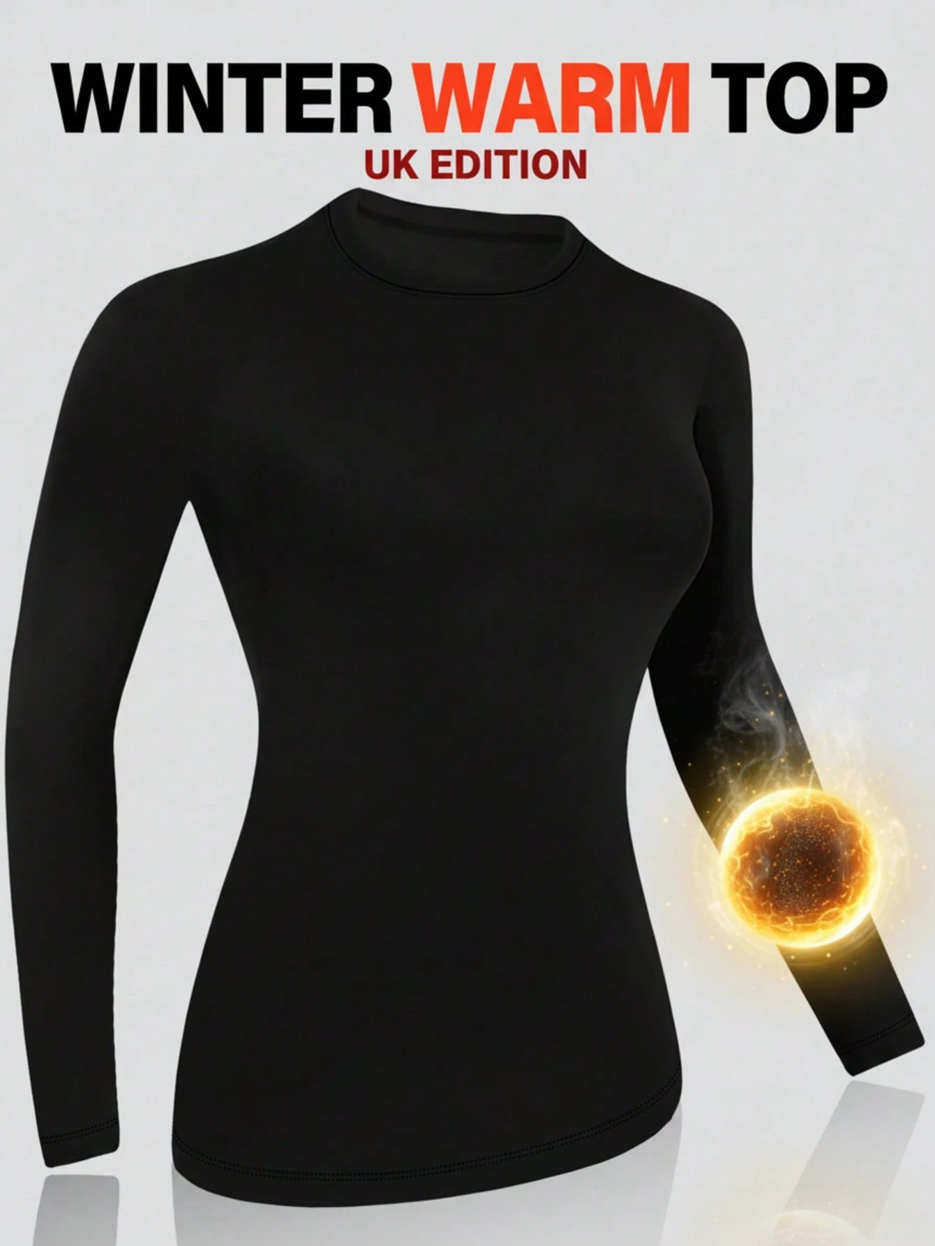 1pc Women's Autumn/Winter Thermal Lined Brushed Round Neck Black Long Sleeve Slim Fit Warm Top