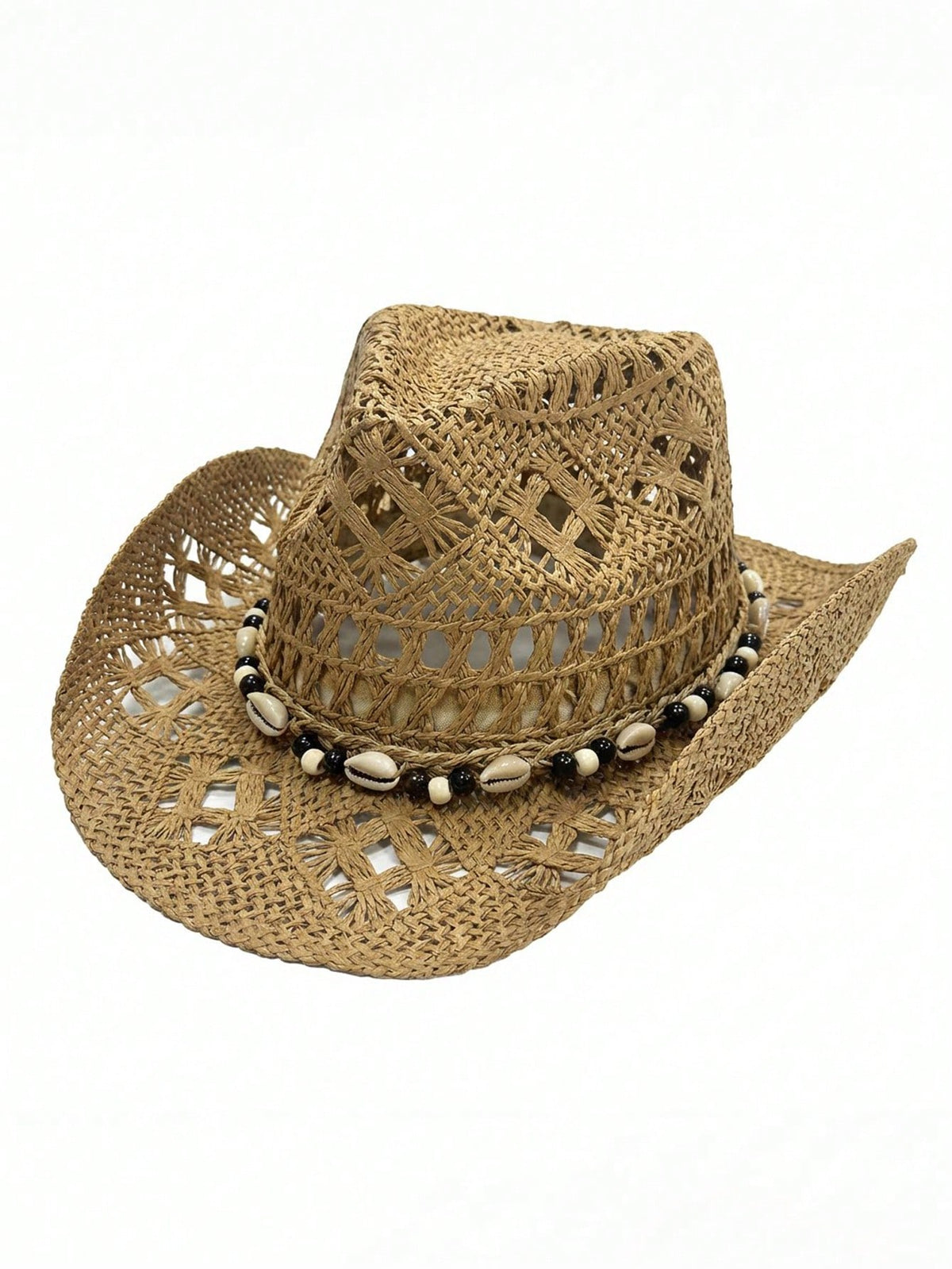 1pc Women's Beige Hollow Woven Straw Hat, Western Cowgirl Style, Breathable Sun Protection, Self-Tie Wind Rope, Suitable For Beach Vacation, Daily Outing, Fashion Handmade Panama Cowgirl Large Straw H