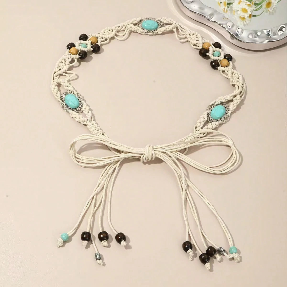 1pc Women's Bohemian Style Woven Wooden Bead Elegant Knotted Waist Belt