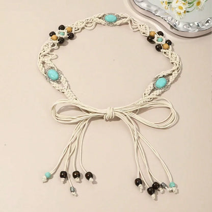 1pc Women's Bohemian Style Woven Wooden Bead Elegant Knotted Waist Belt
