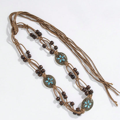 1pc Women's Bohemian Style Woven Wooden Bead Elegant Knotted Waist Belt