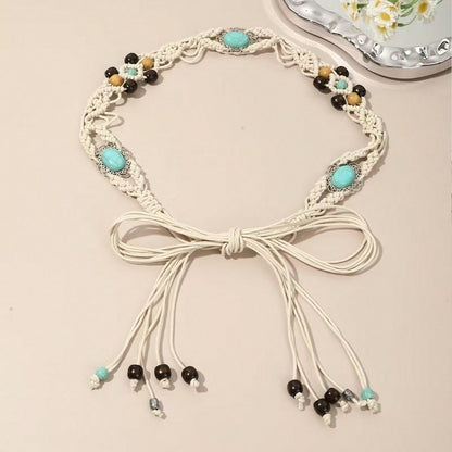 1pc Women's Bohemian Style Woven Wooden Bead Elegant Knotted Waist Belt