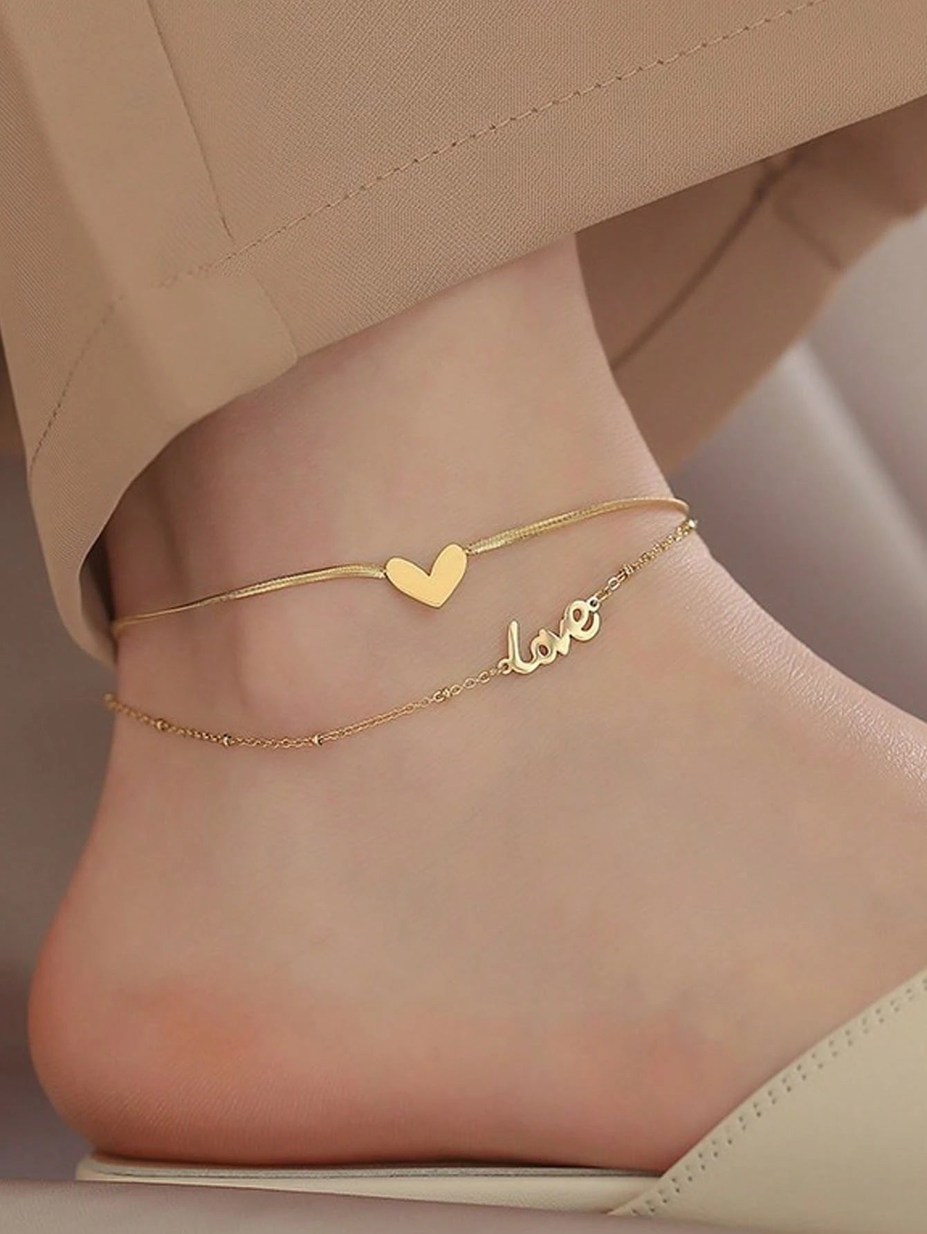 1pc Women's Fashionable High-Quality Double-Layer English Heart Anklet, Waterproof Stainless Steel, No Fading, Suitable For Daily Wear, Parties, Gatherings, Beach