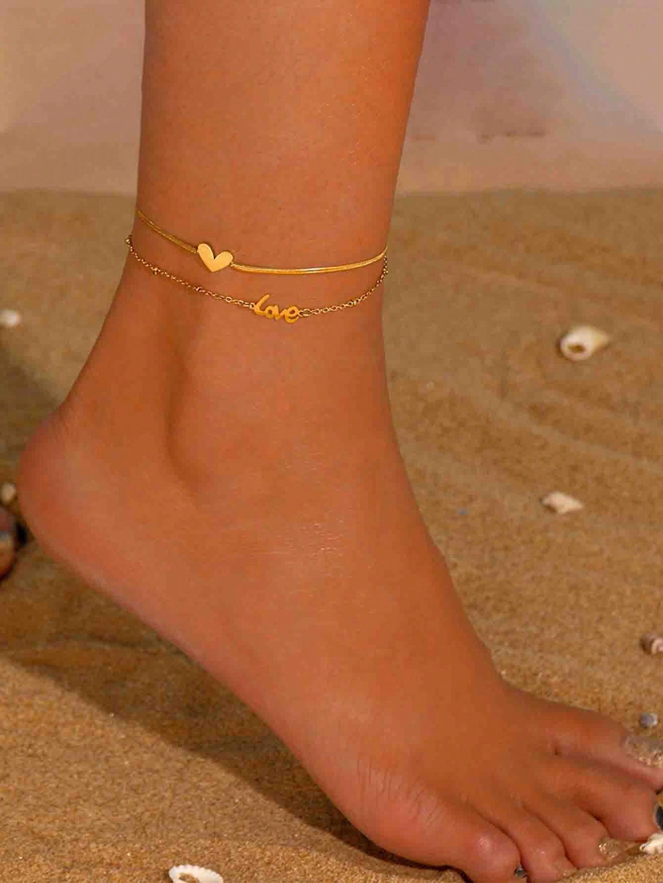 1pc Women's Fashionable High-Quality Double-Layer English Heart Anklet, Waterproof Stainless Steel, No Fading, Suitable For Daily Wear, Parties, Gatherings, Beach