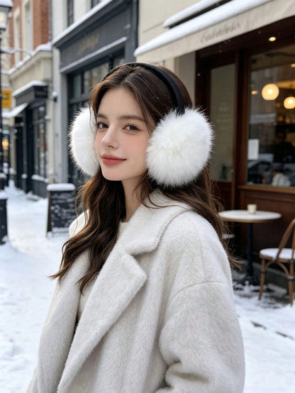 1pc Women's Faux Fur Earmuffs, Soft Thick Windproof Warm Winter Ear Covers With Black Headband, Solid Color Cold-Resistant Ear Warmers For Outdoor Street Daily Wear