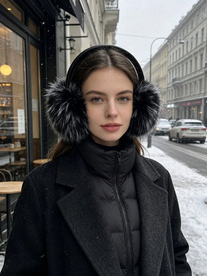 1pc Women's Faux Fur Earmuffs, Soft Thick Windproof Warm Winter Ear Covers With Black Headband, Solid Color Cold-Resistant Ear Warmers For Outdoor Street Daily Wear