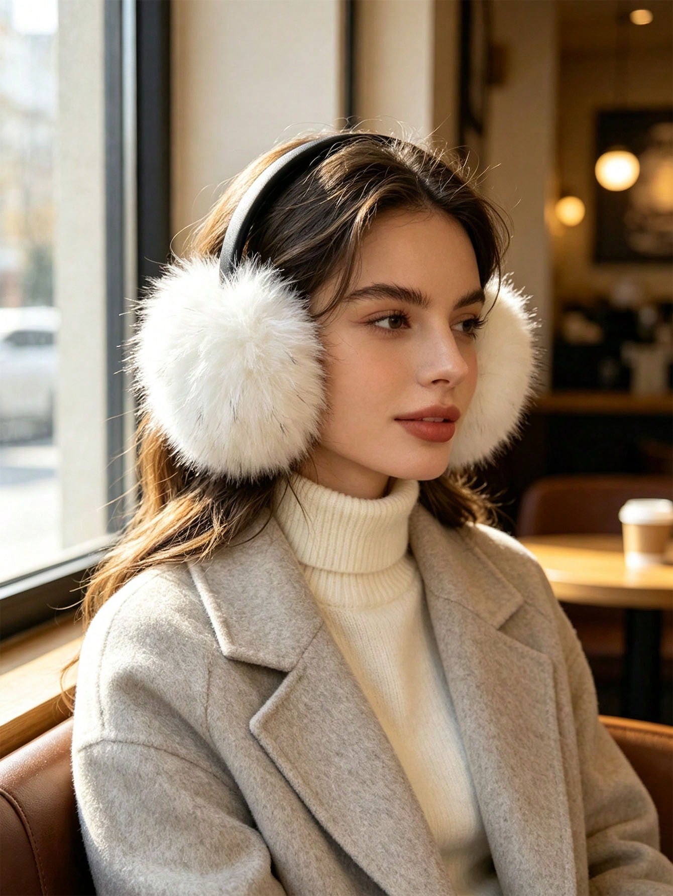 1pc Women's Faux Fur Earmuffs, Soft Thick Windproof Warm Winter Ear Covers With Black Headband, Solid Color Cold-Resistant Ear Warmers For Outdoor Street Daily Wear