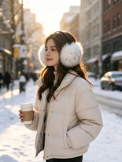 1pc Women's Faux Fur Earmuffs, Soft Thick Windproof Warm Winter Ear Covers With Black Headband, Solid Color Cold-Resistant Ear Warmers For Outdoor Street Daily Wear