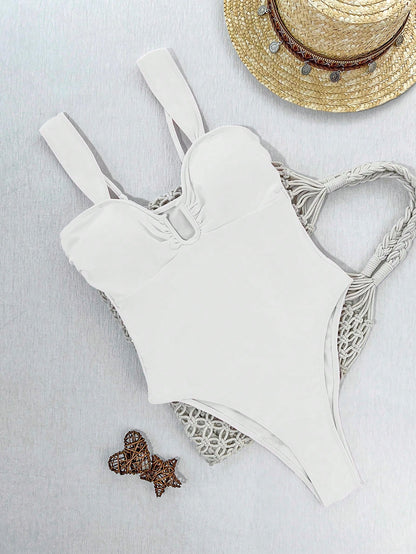 1pc Women's One-Piece Swimsuit With Lining, Wide Strap Design Minimalist & Elegant, Retro Color Tone Radiates Mature Charm Vacation Beach White Summer