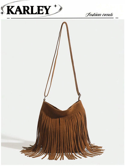 1pc Women Vintage Fringed Bucket Bag, Reversible Fringe Shoulder Crossbody Small Purse