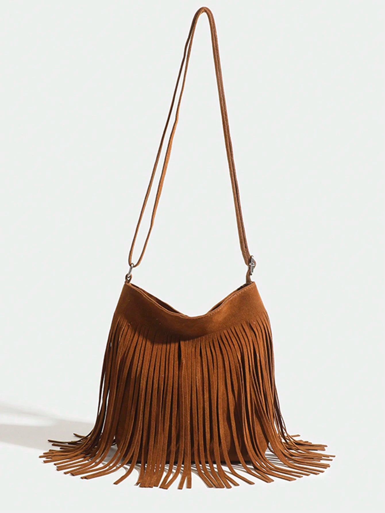 1pc Women Vintage Fringed Bucket Bag, Reversible Fringe Shoulder Crossbody Small Purse