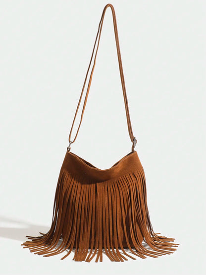 1pc Women Vintage Fringed Bucket Bag, Reversible Fringe Shoulder Crossbody Small Purse