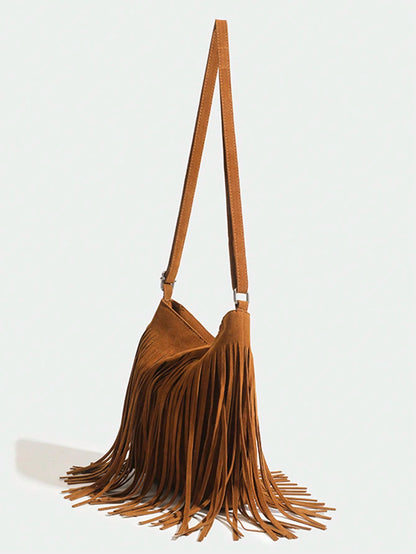 1pc Women Vintage Fringed Bucket Bag, Reversible Fringe Shoulder Crossbody Small Purse