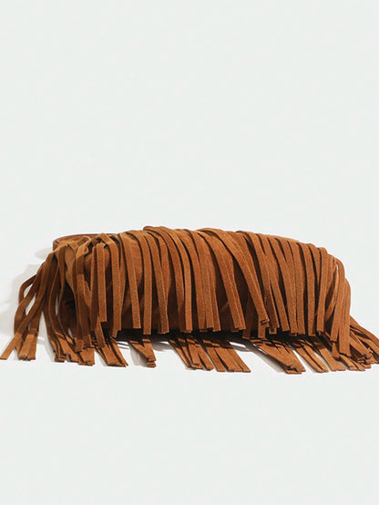 1pc Women Vintage Fringed Bucket Bag, Reversible Fringe Shoulder Crossbody Small Purse